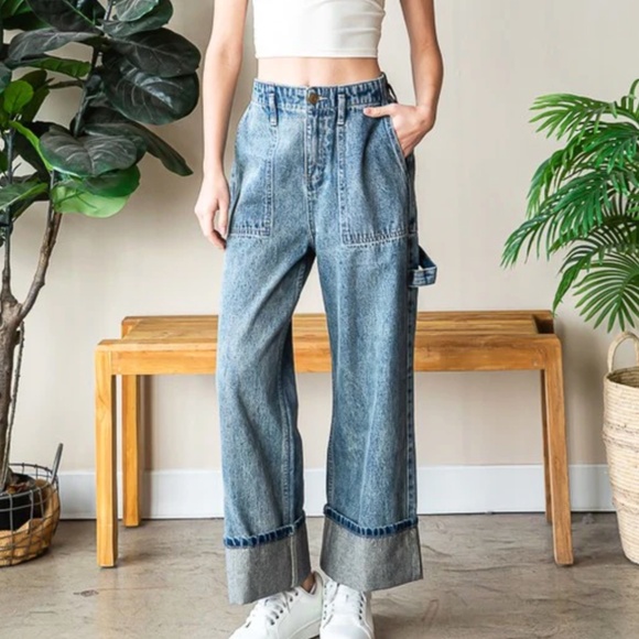 Oli & Hali medium wash stretchy waist cuffed denim jeans - Picture 1 of 6